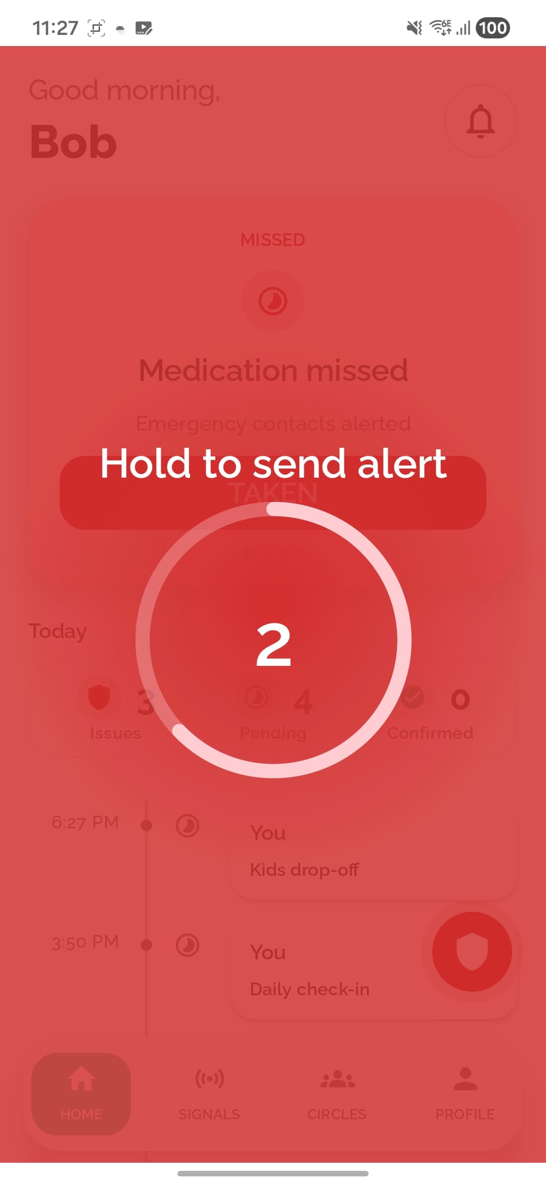 SafeTrace hold to send emergency alert screen