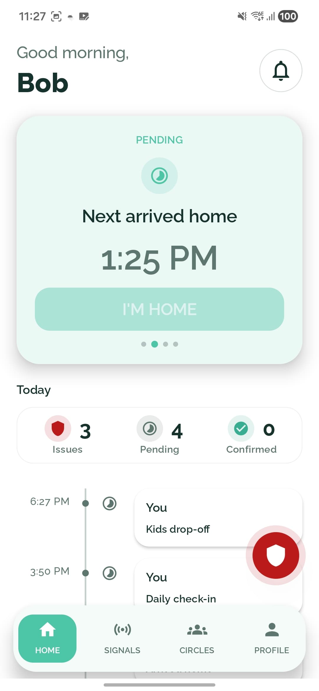 SafeTrace home screen showing an arrived home signal