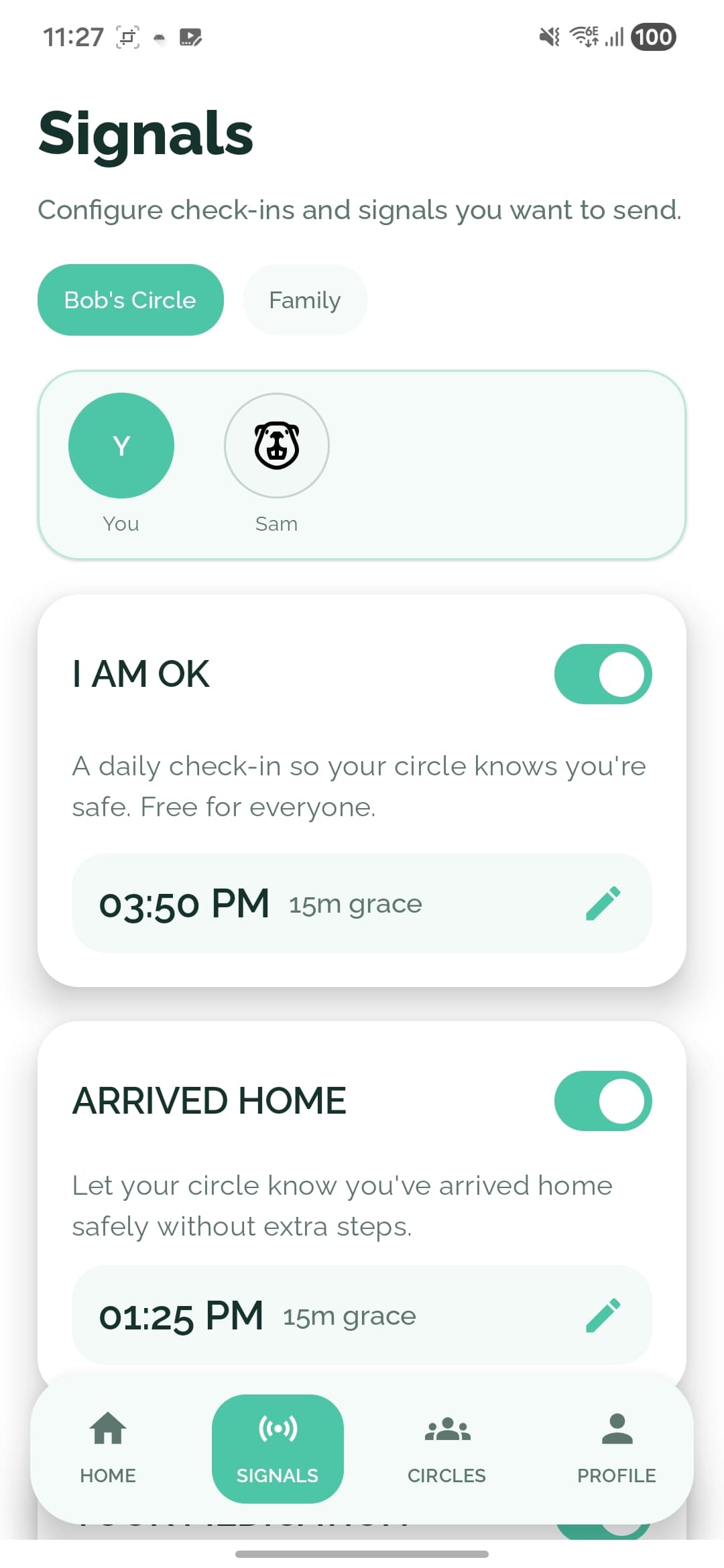 SafeTrace signals configuration screen