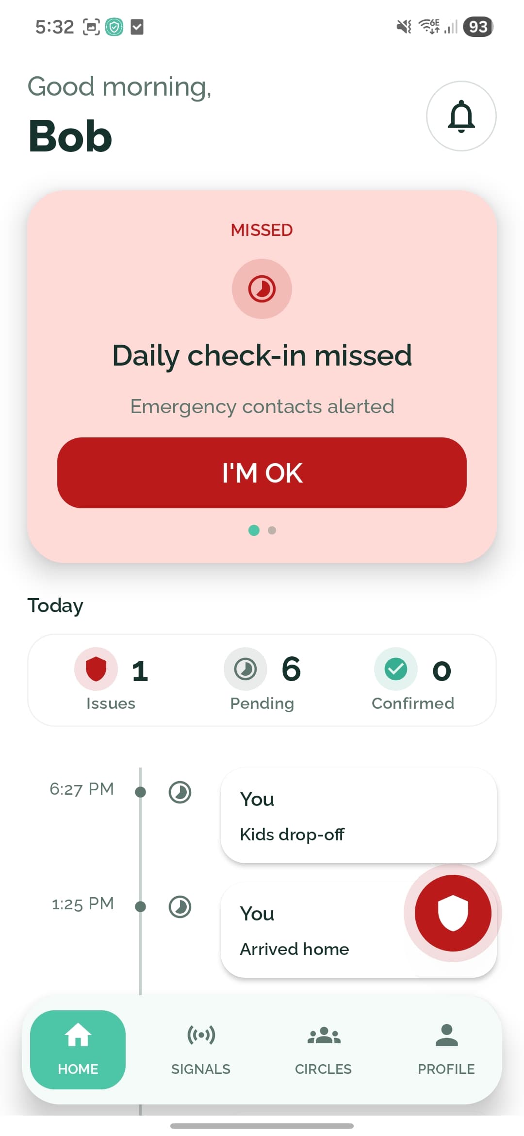SafeTrace home screen showing a missed daily check-in and alerted emergency contacts